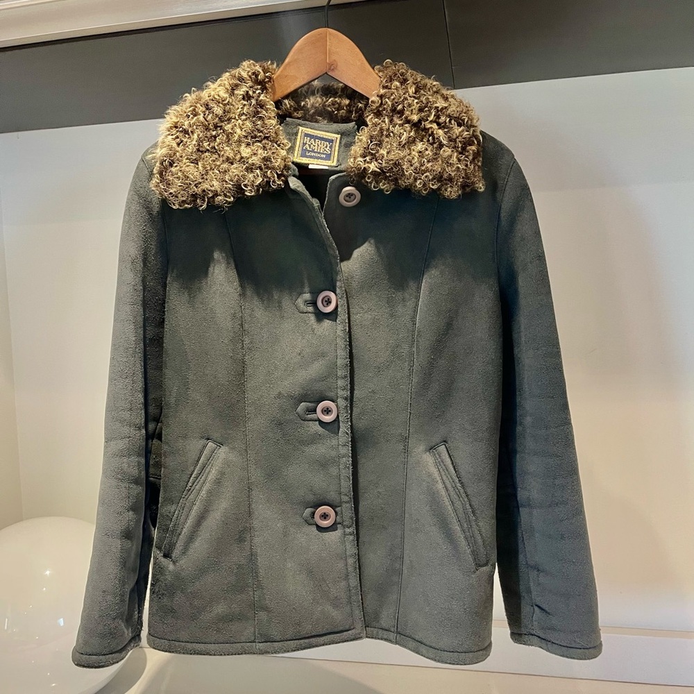 Hardy Amies London womens dark forest green suede fur collar jacket size M
